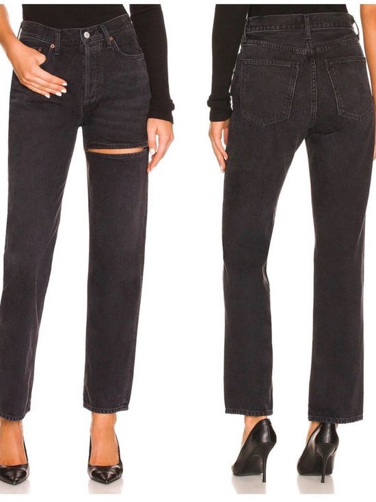 Agolde Denim - Agolde Black Straight-Leg High-Rise Jeans with Knee Rip